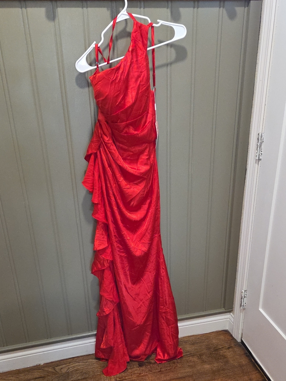 Red Satin Ruffle Slip Dress